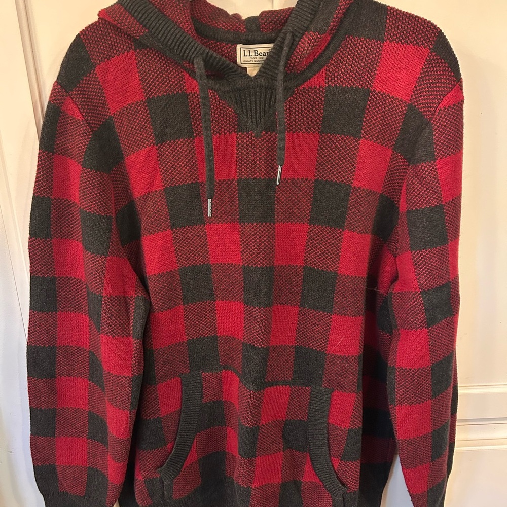 L.L. Bean Men's Red and Gray Checkered Sweater